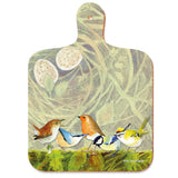 A chopping board paddle featuring a print of British garden birds on a background of a bird's nest