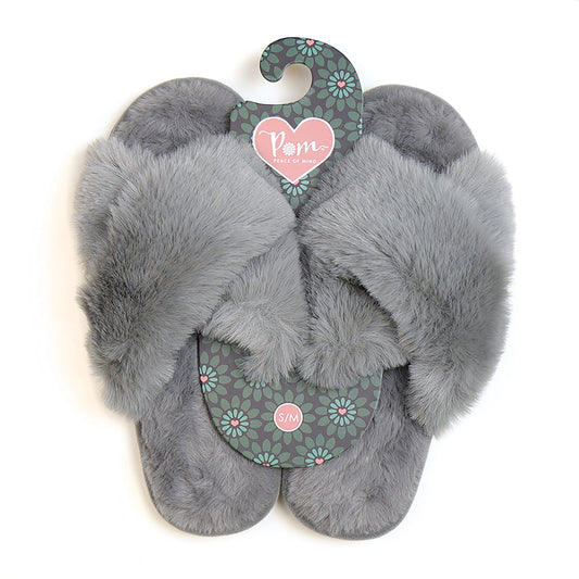 Pair of fluffy light grey coloured slippers with a cross strap design showing size Small/Medium