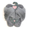 Pair of fluffy light grey coloured slippers with a cross strap design showing size Small/Medium