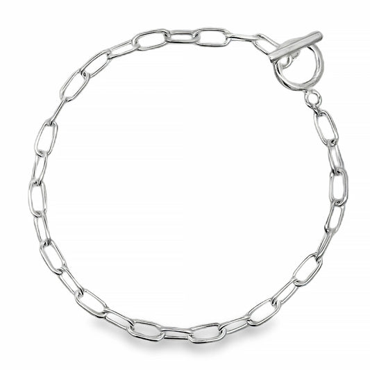Silver bracelet with long chain links and t-bar fastening