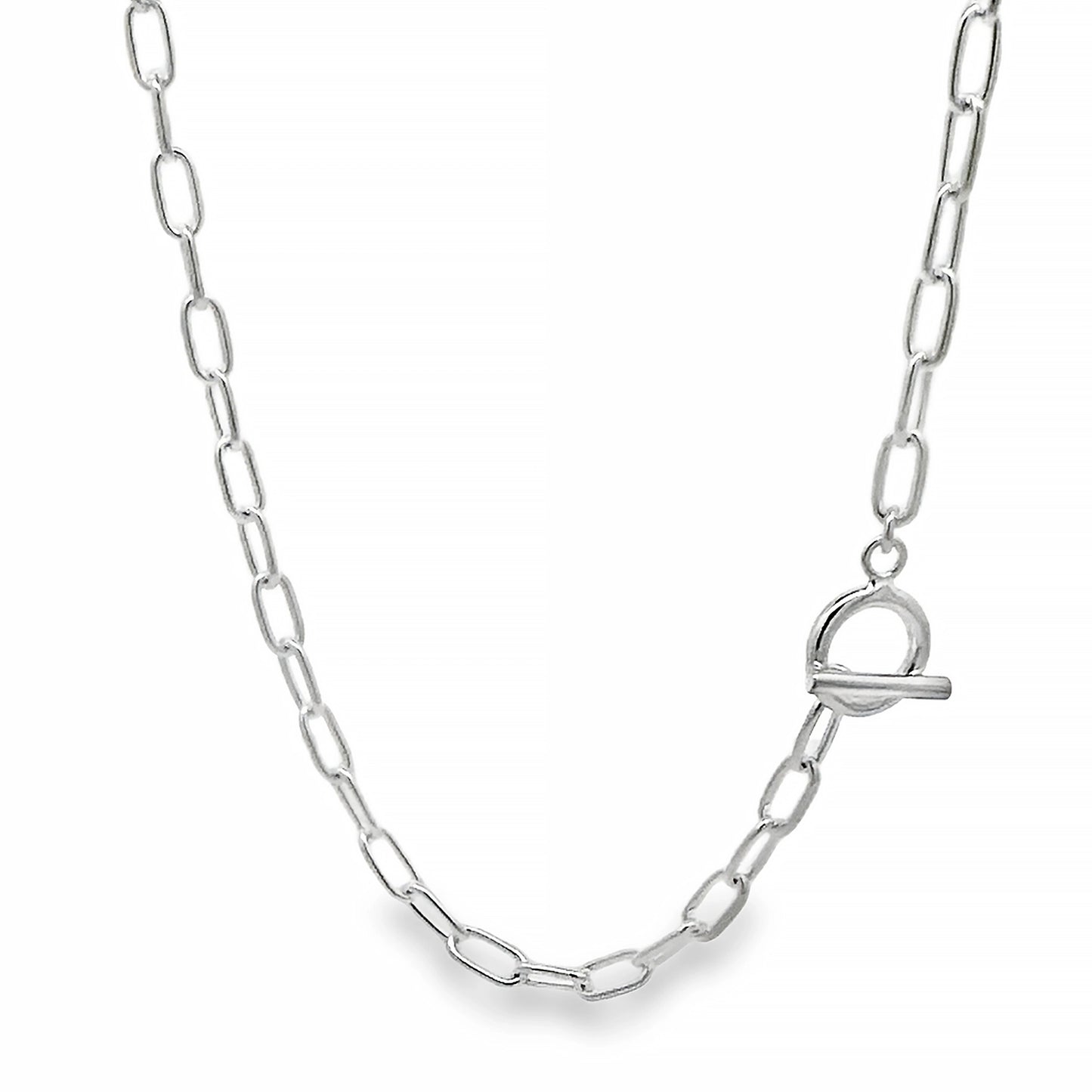 Silver necklace with long chain links and t-bar fastening