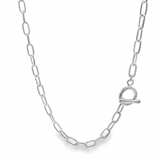 Silver necklace with long chain links and t-bar fastening
