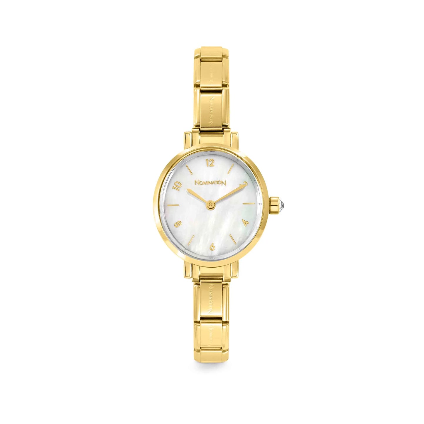 Gold stainless steel watch with mother of pearl dial CZ stone on the crown