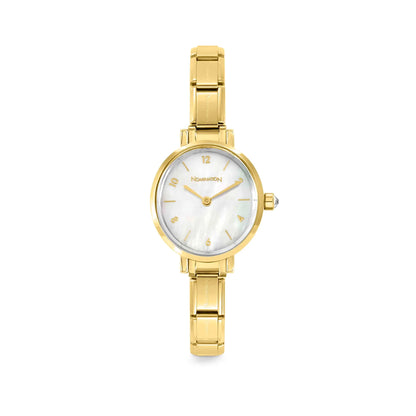 Gold stainless steel watch with mother of pearl dial CZ stone on the crown