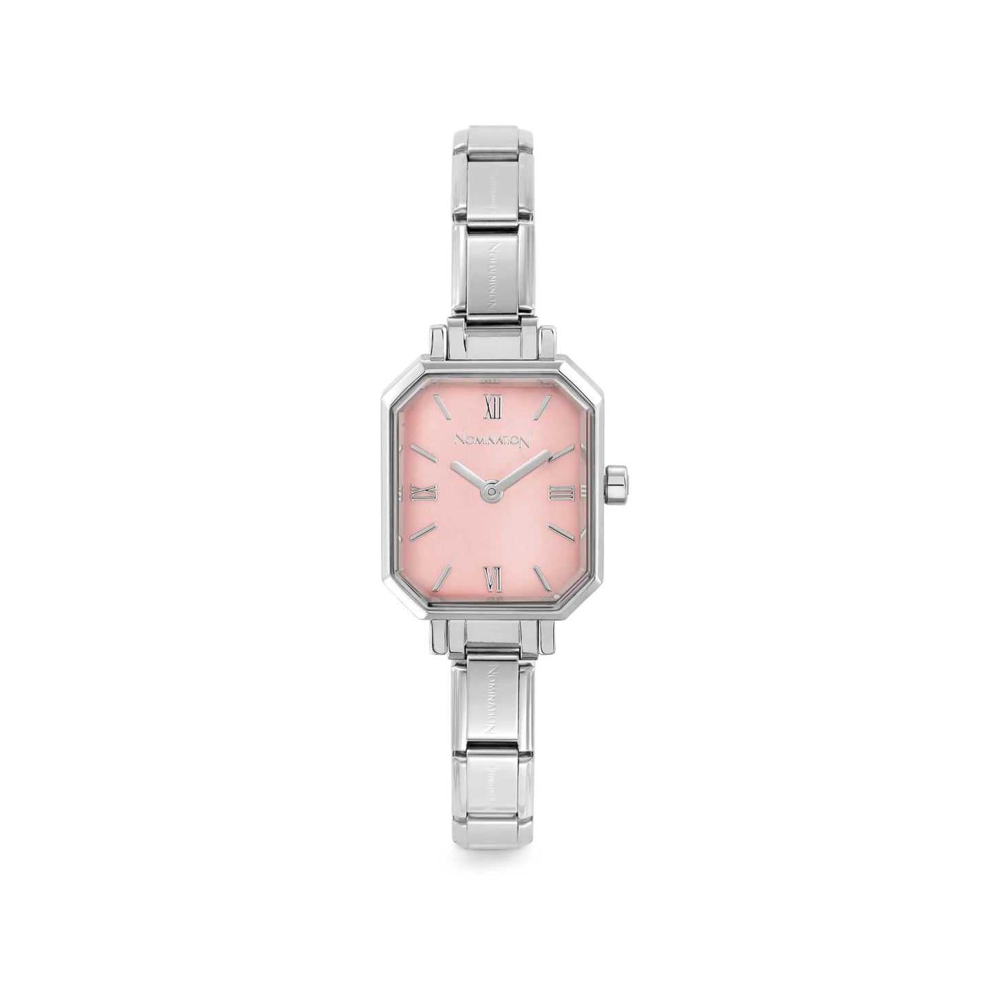 Pink rectangle dial steel watch with composable strap
