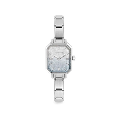 Stainless steel watch with Nomination Italy composable link strap and blue and silver ombre glitter dial