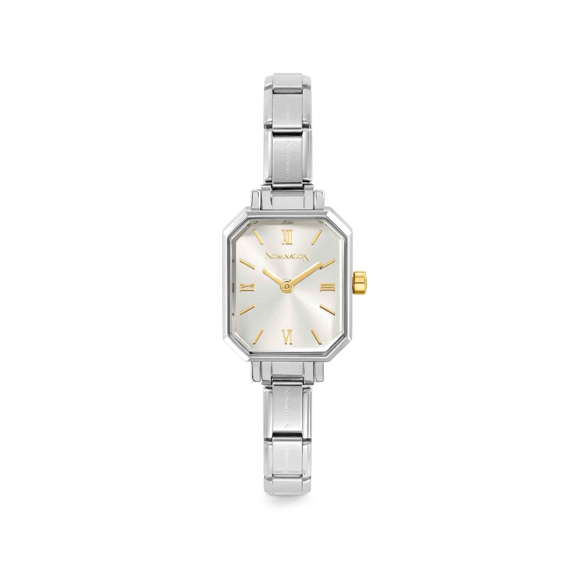 stainless steel watch with silver dial and contrasting gold hands, numerals and crown