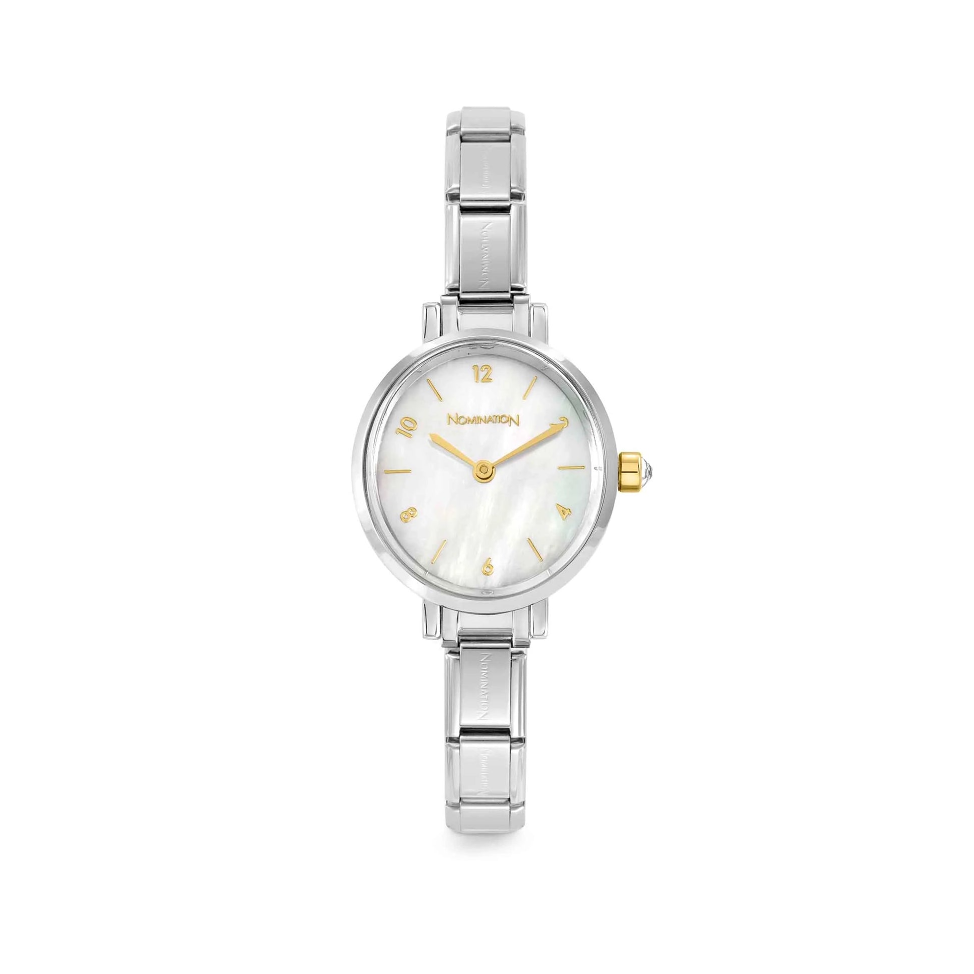 Stainless steel watch with mother of pearl dial and contrasting gold hands, numerals and crown