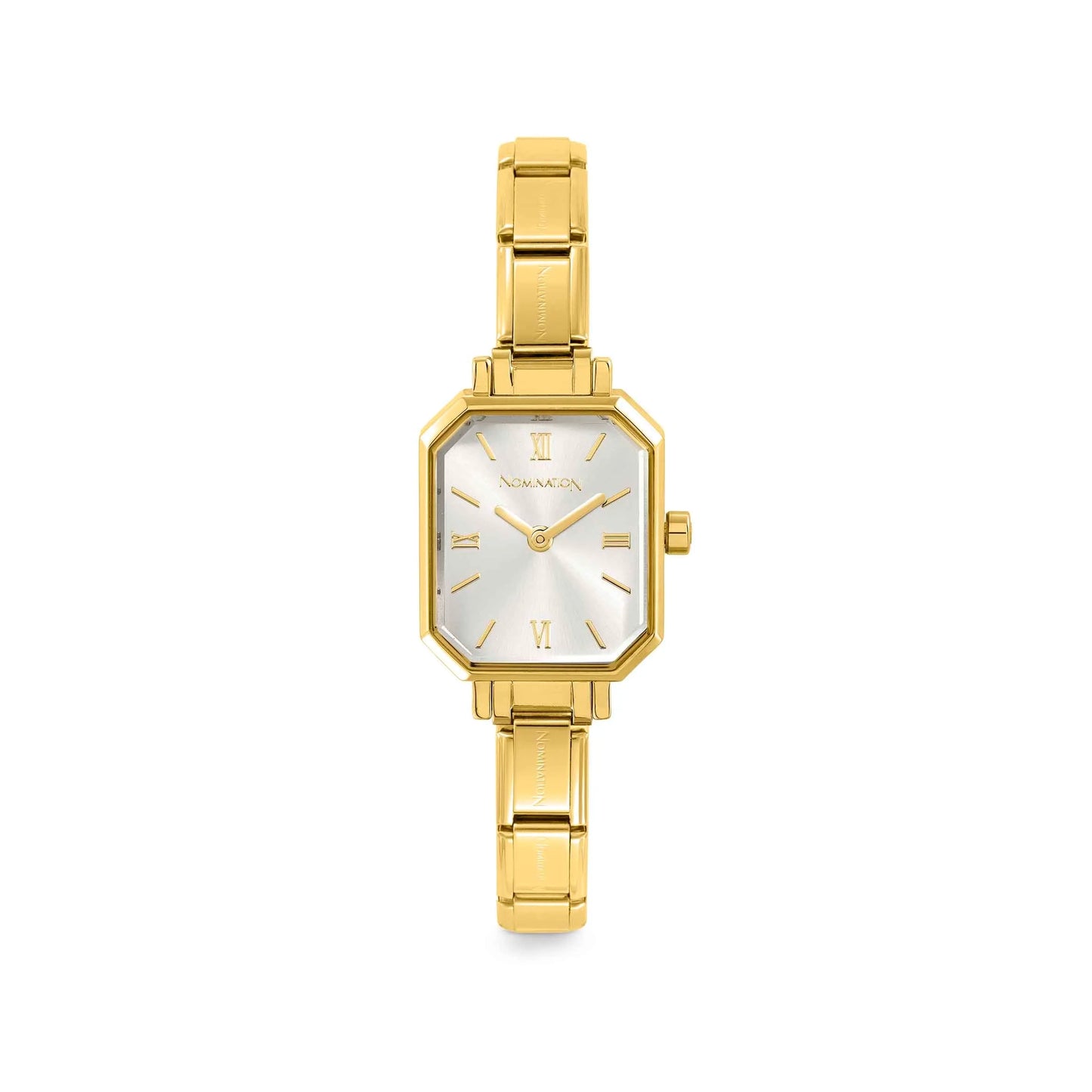 Gold stainless steel watch with Nomination Italy composable link strap and silver dial