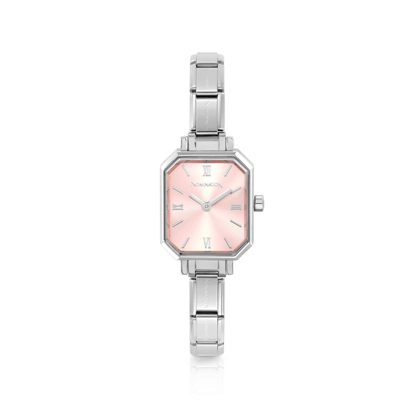 Light pink rectangle dial steel watch with composable strap