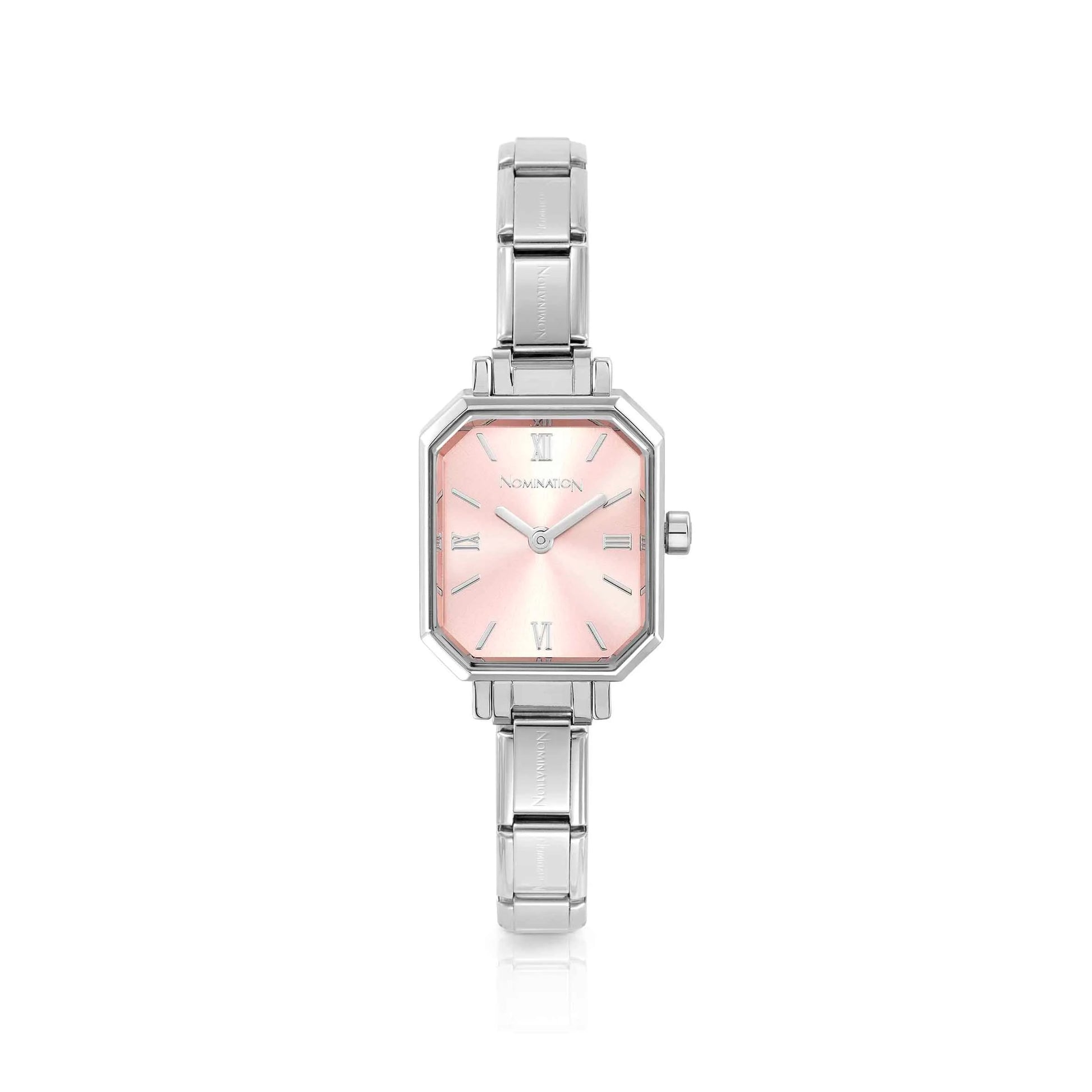 Light pink rectangle dial steel watch with composable strap