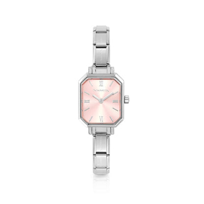 Light pink rectangle dial steel watch with composable strap