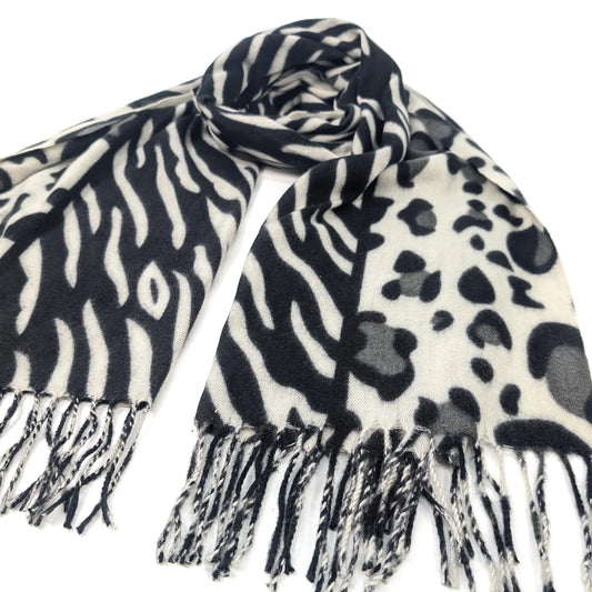 Pashmina Style Scarf | Black & White Animal Print