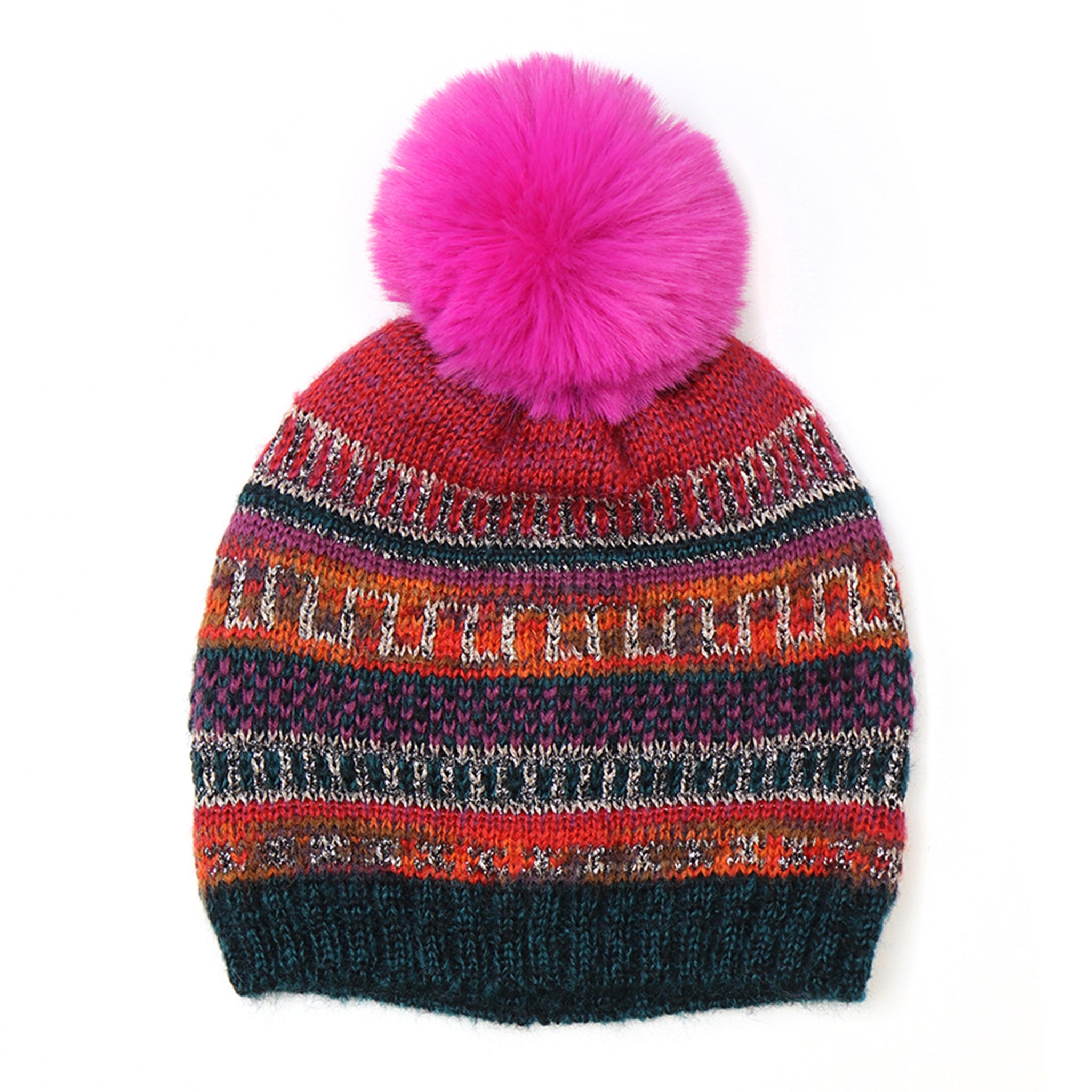 A striped patterned hat in red, navy and orange with a bright pink fluffy pom pom