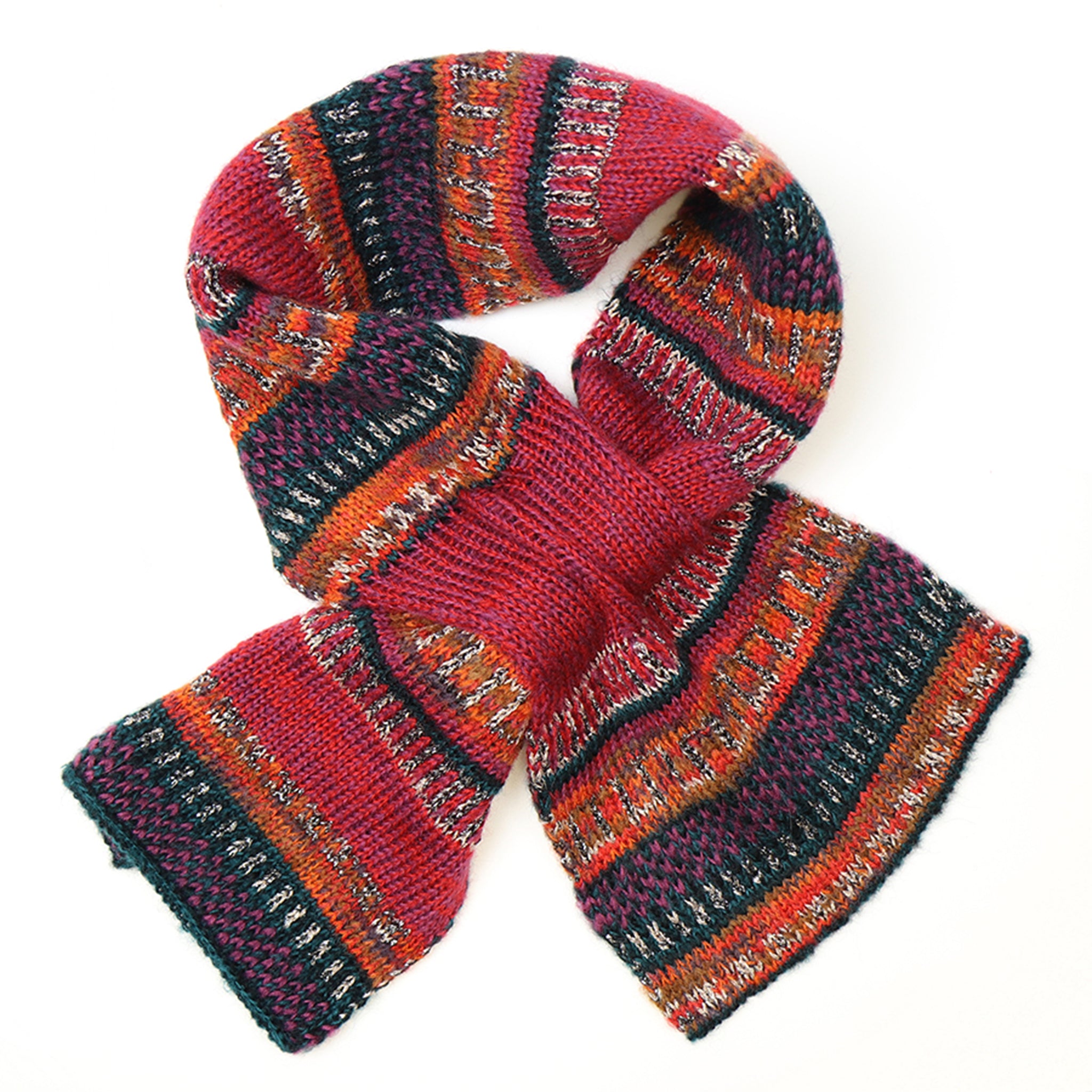 A red, pink, orange and blue patterned striped pull through scarf