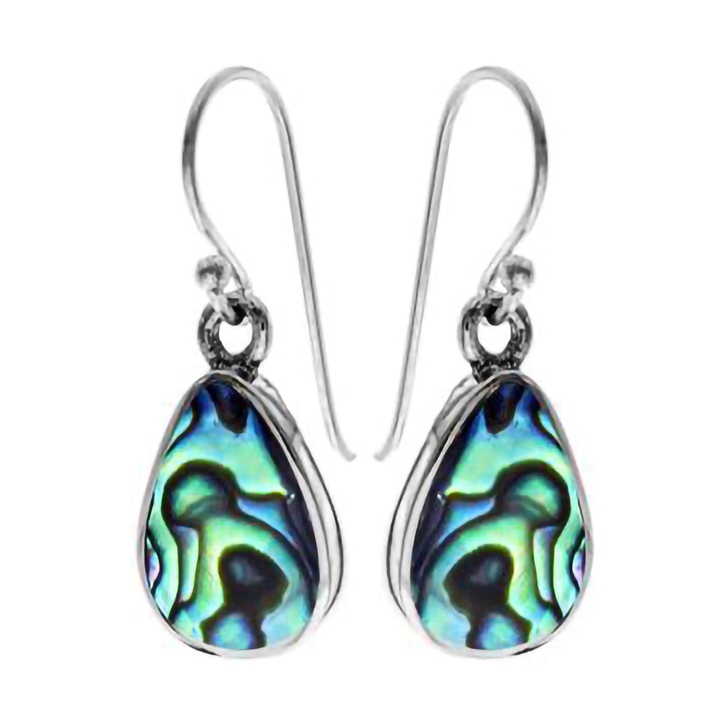 A pair of teardrop drop earrings featuring blue-green paua shells