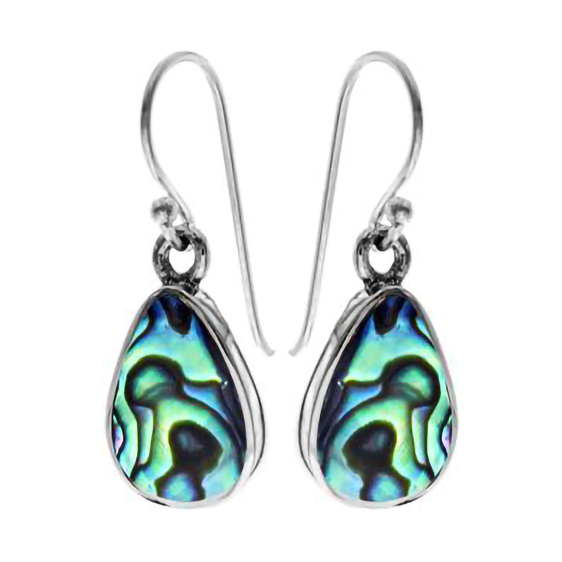 A pair of teardrop drop earrings featuring blue-green paua shells