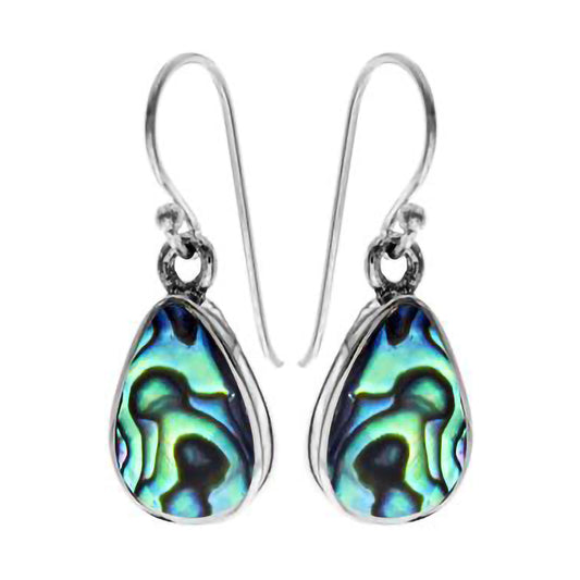 A pair of teardrop drop earrings featuring blue-green paua shells