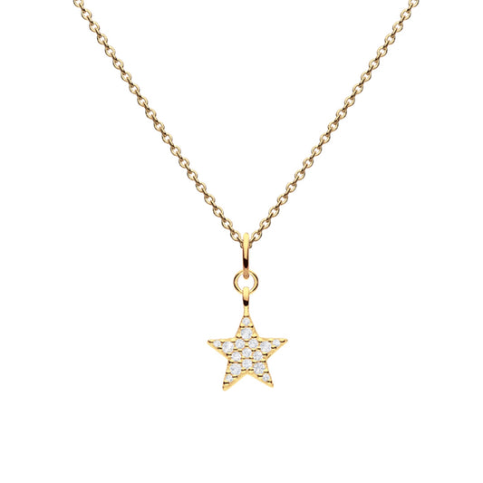 A gold pendant shaped like a star with pavé CZ stones and a gold chain