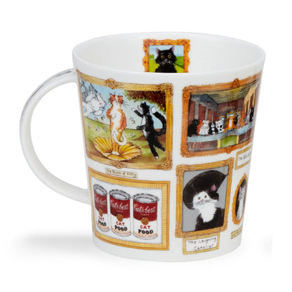 White mug featuring a wrap-around illustration of famous paintings that have been changed to cats