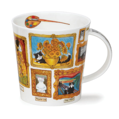 White mug featuring a wrap-around illustration of famous paintings that have been changed to cats and an artist palette inside