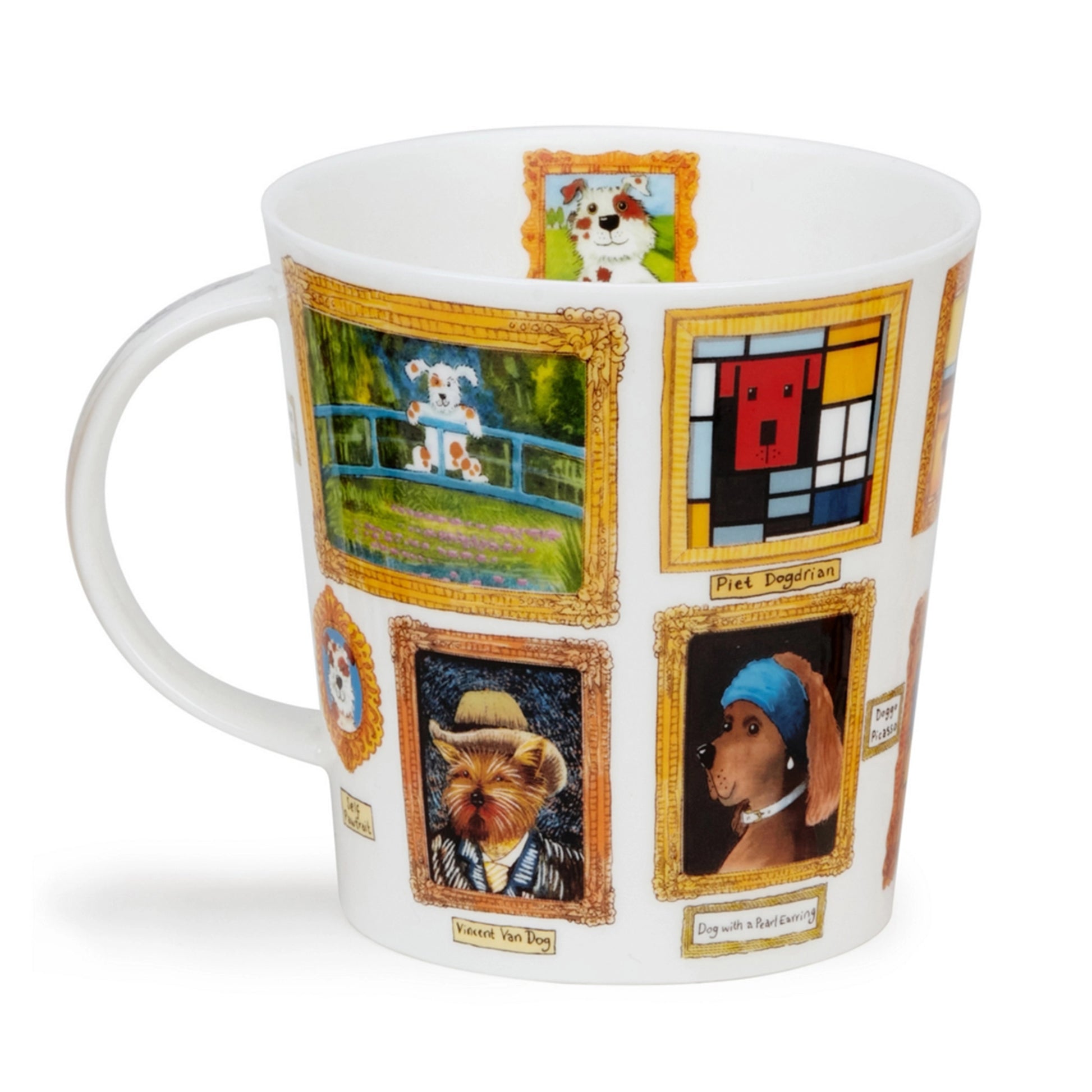 White mug featuring a wrap-around illustration of famous paintings that have been changed to dogs