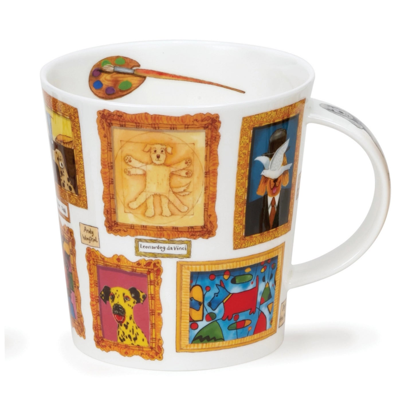 White mug featuring a wrap-around illustration of famous paintings that have been changed to dogs and an artist palette inside