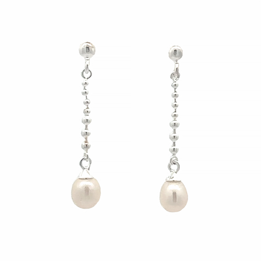 Pair of long silver drop earrings with popcorn chains and pair shaped white pearls