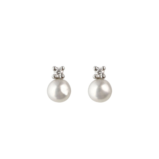 Round pearl silver studs with small solitaire CZ stones