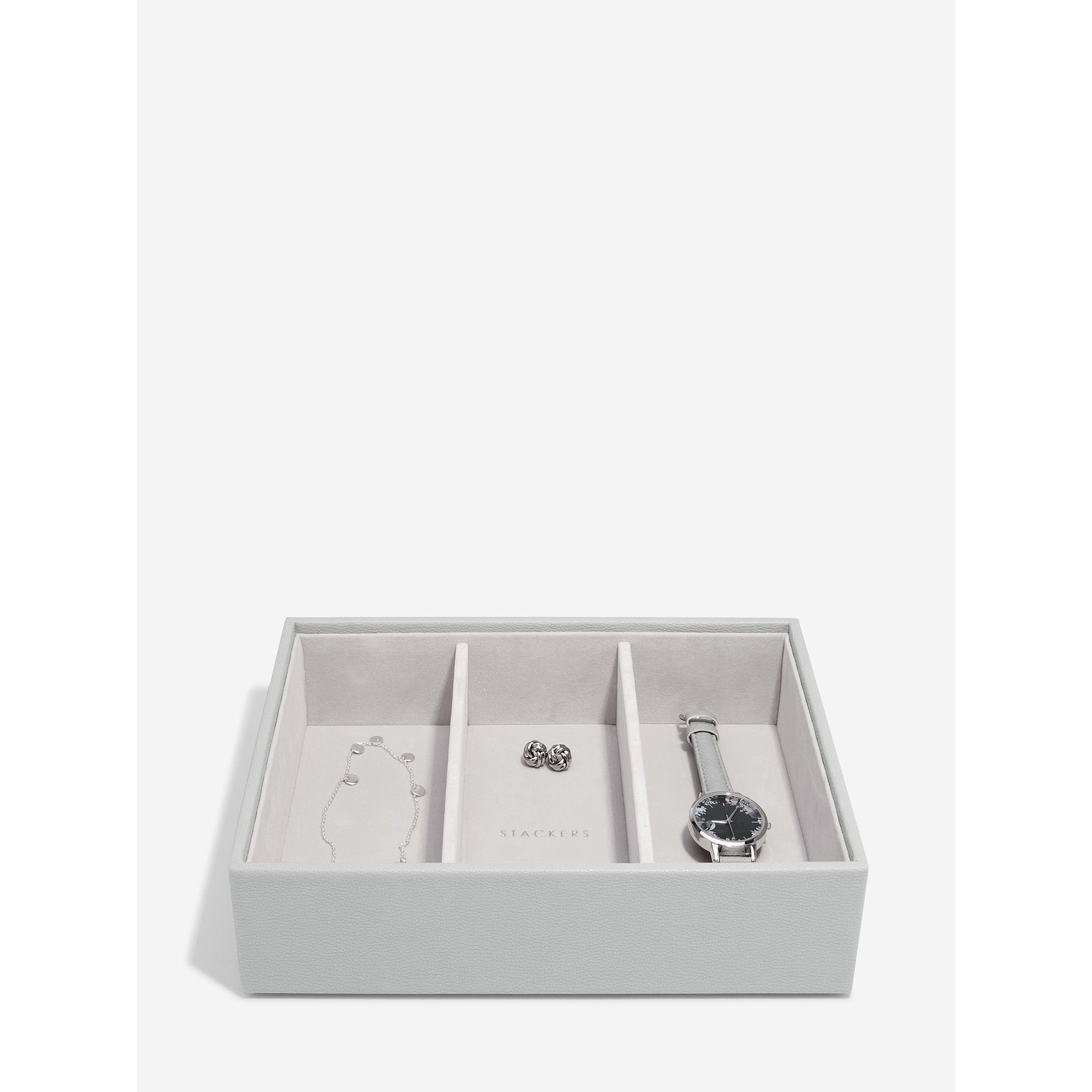 A stackable grey faux leather jewellery box watch and bracelet layer