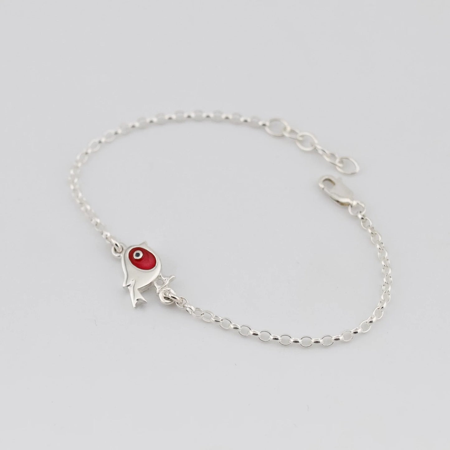 Silver chain bracelet with red enamel robin charm pendant