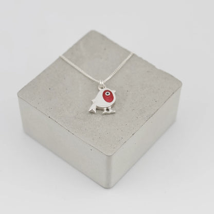 Silver pendant with red enamel robin on silver chain