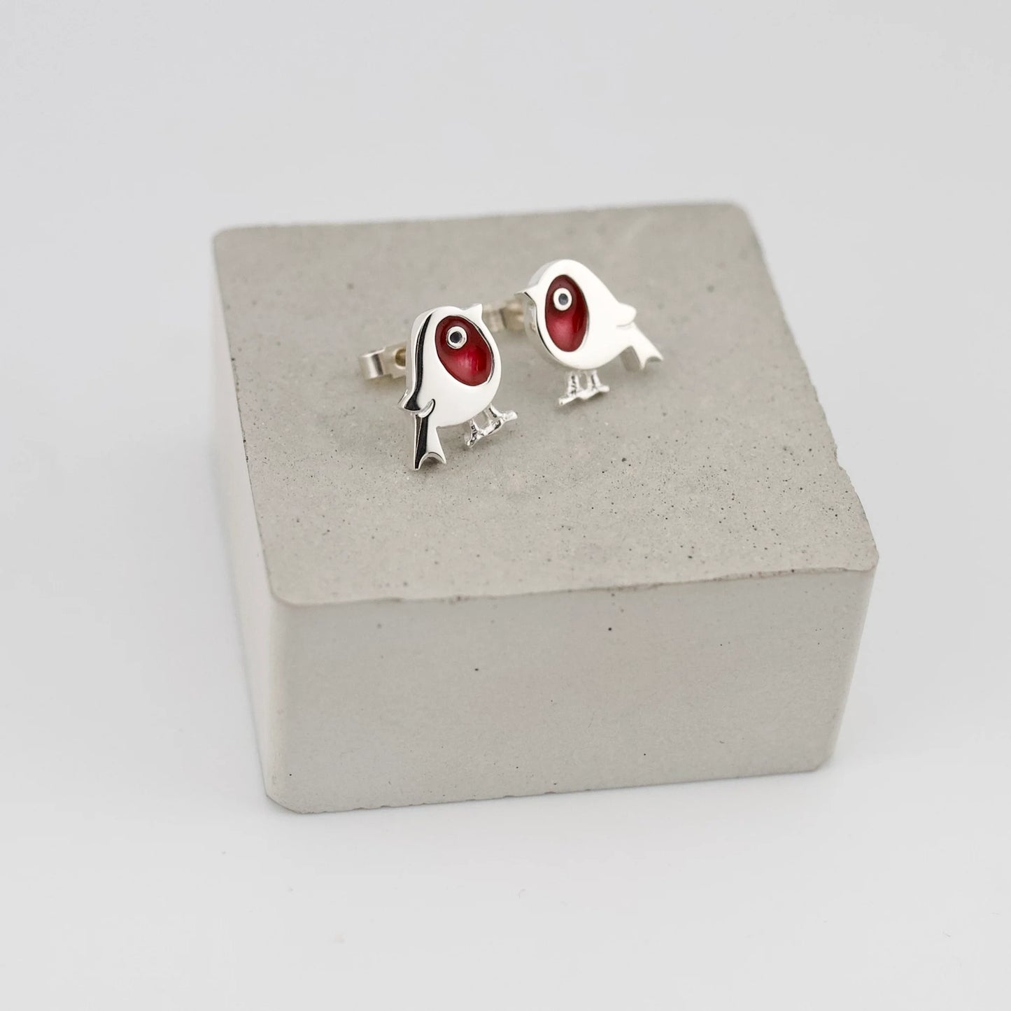 Silver red enamel robin stud earrings