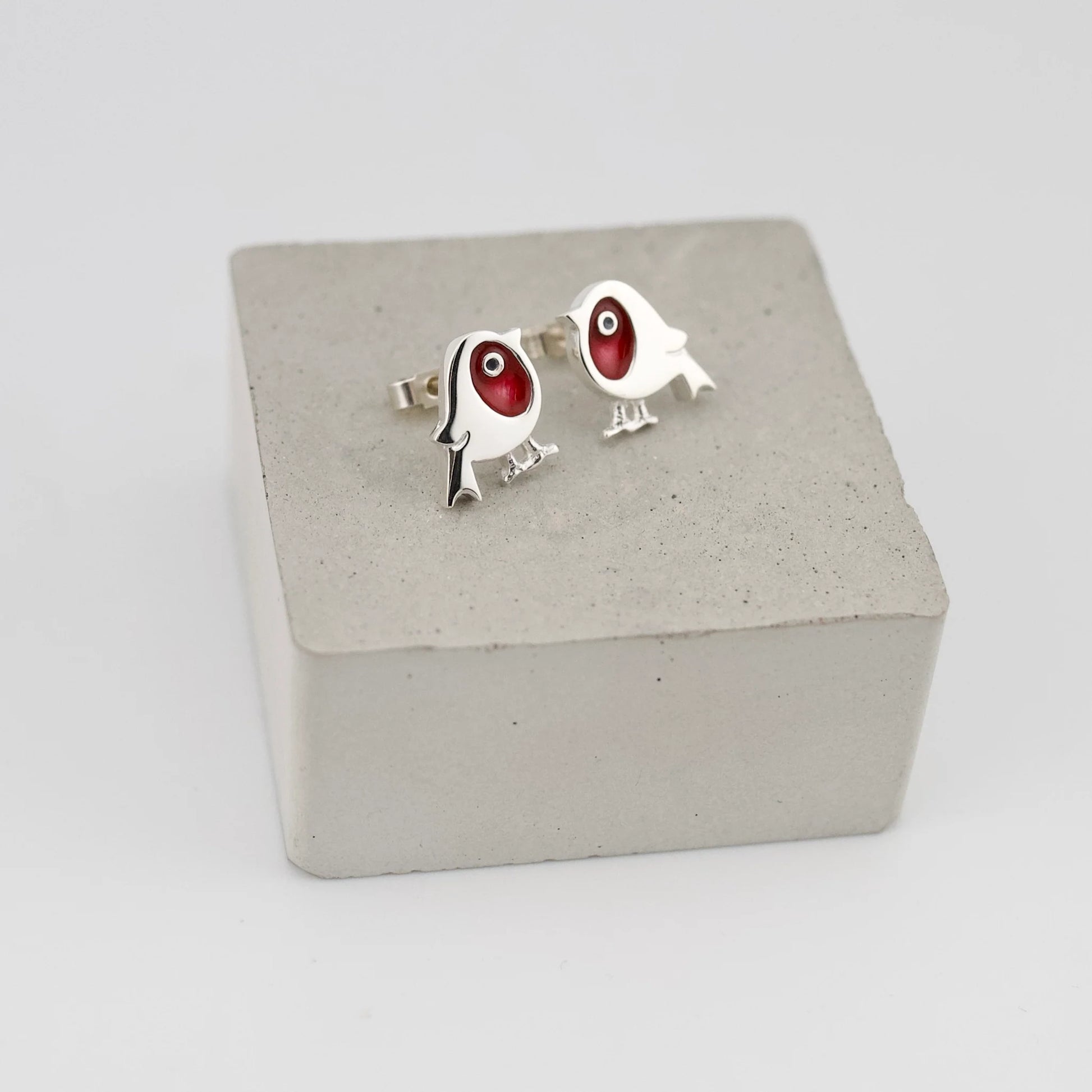 Silver red enamel robin stud earrings
