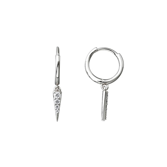 Silver huggie hoop earrings with dangling pennant triangles set with CZ stones