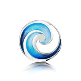 Silver round brooch with ocean wave design in a gradient blue enamel 