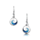 Pair of polished silver round earrings with ocean wave design in the centre and blue enamel detail, fitted with hooks