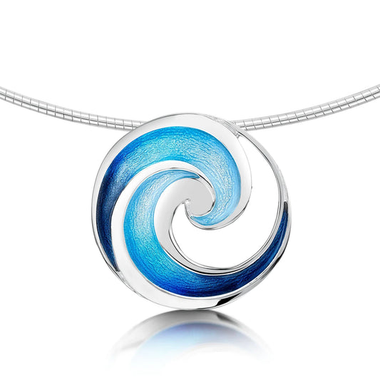 Polished silver necklet with large round pendant featuring blue enamel ocean wave design, on a neck wire