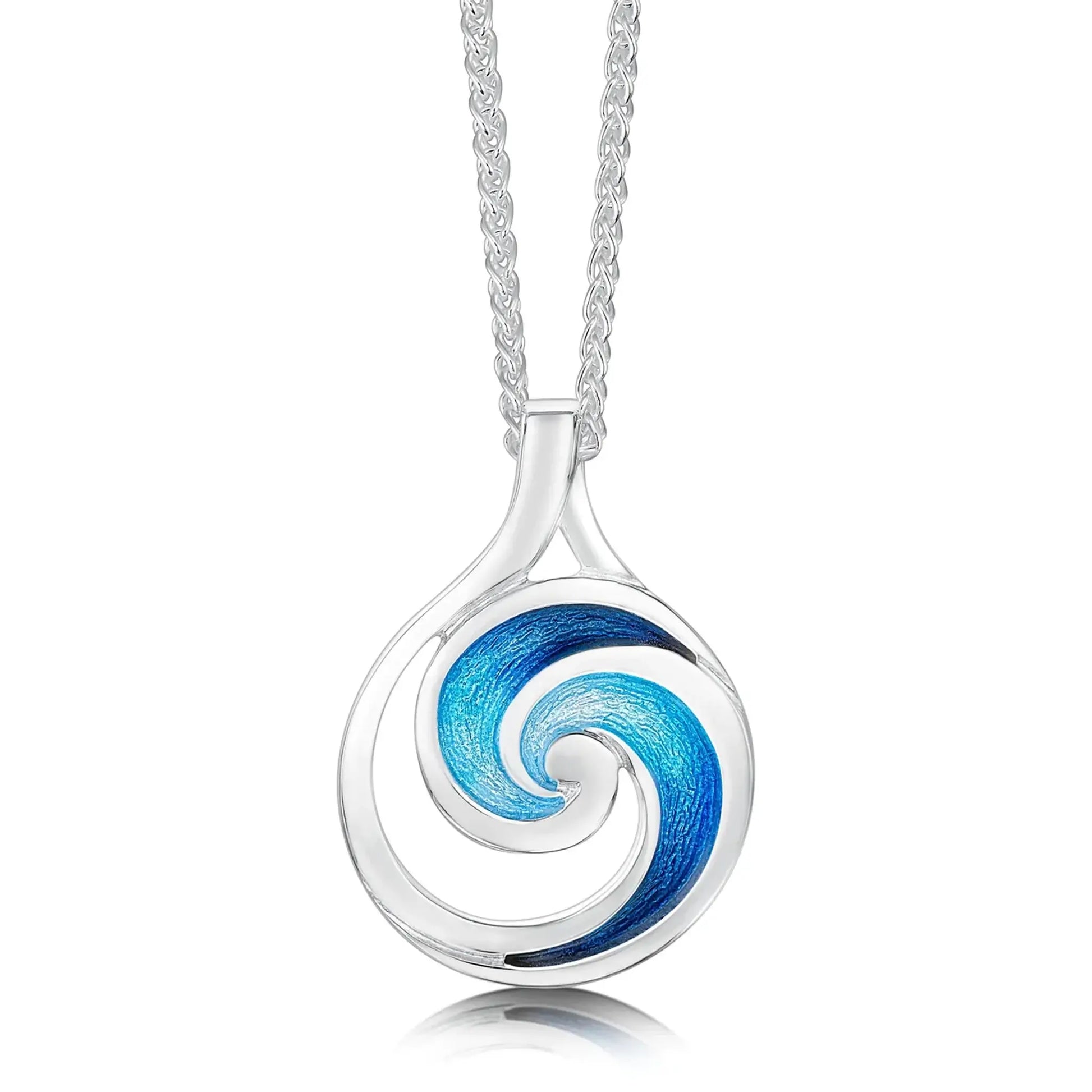 Large round silver pendant with ocean wave design and blue enamel in the centre on a silver chain