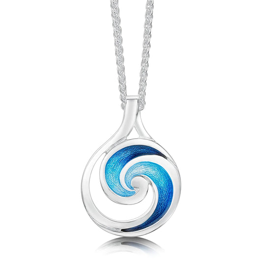 Large round silver pendant with ocean wave design and blue enamel in the centre on a silver chain