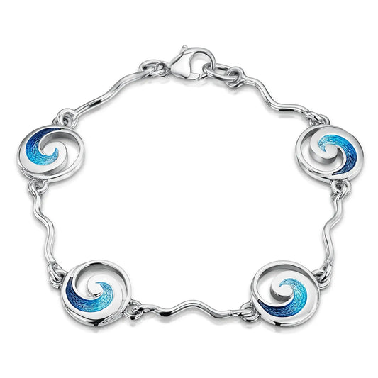 Silver link bracelet with wavey silver bars and round ocean wave pendants and blue enamel