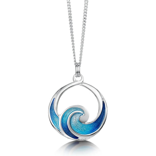 Polished silver round pendant with ocean wave design in blue enamel on silver chain