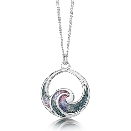 A silver wave shaped pendant in a pale pink, green and purple enamel colour