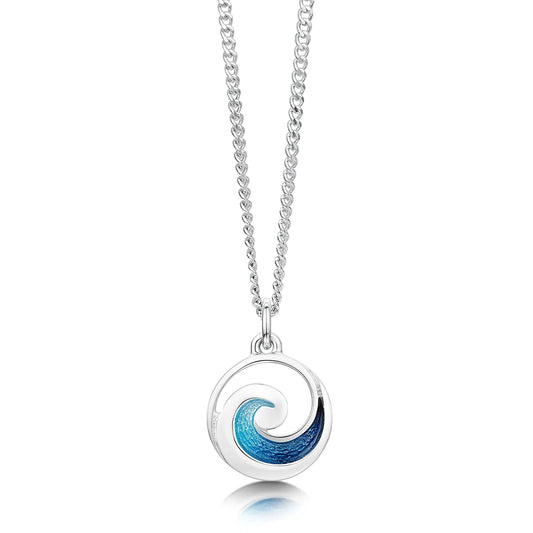 Small silver round pendant with ocean wave design and blue enamelling on a silver chain