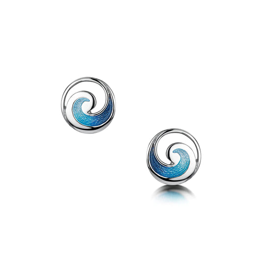 Polished silver round stud earrings with ocean wave design in blue enamel