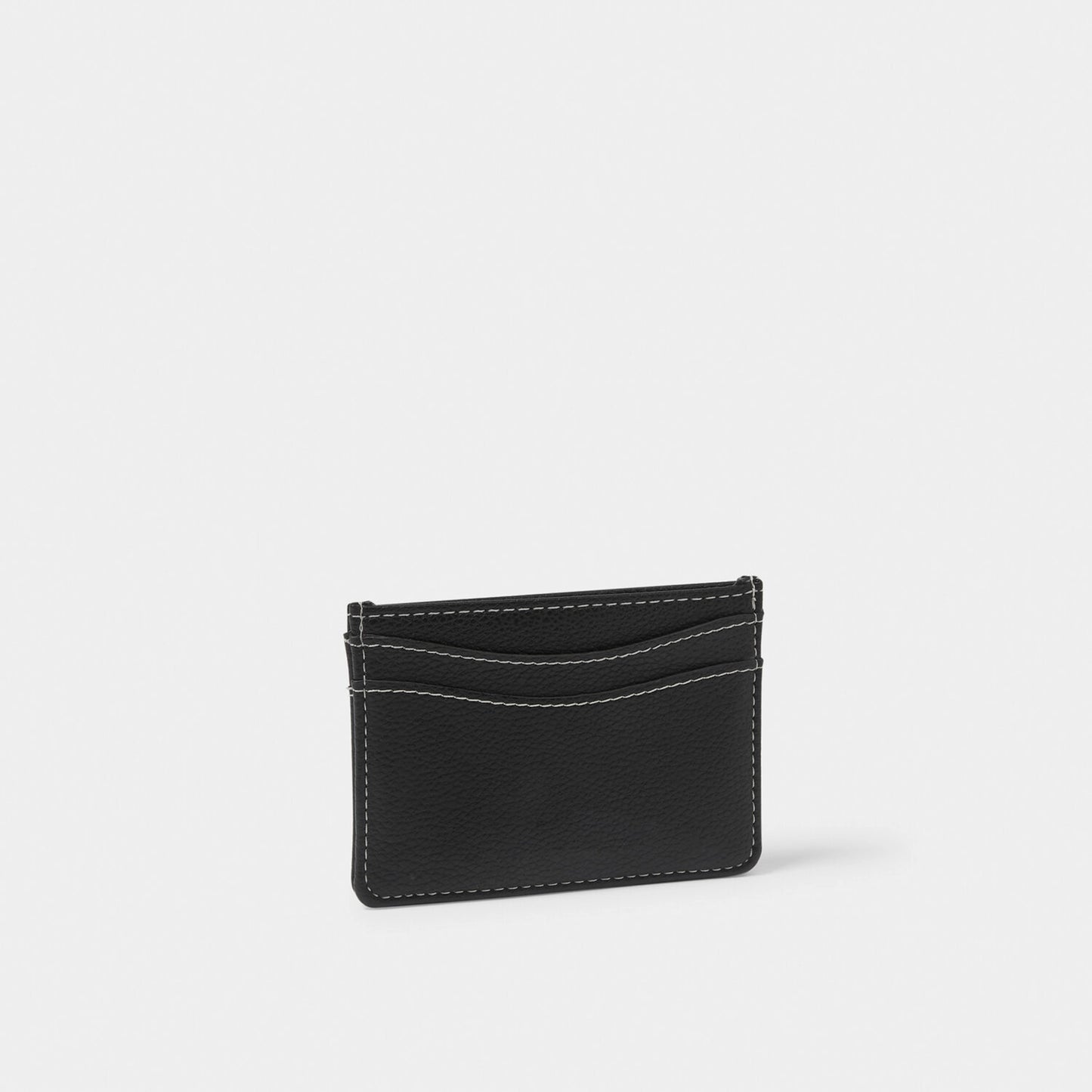 A faux black leather card holder with contrasting light stitching