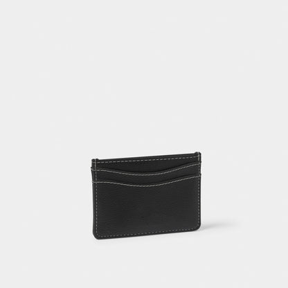 A faux black leather card holder with contrasting light stitching