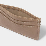 open faux brown leather card holder with contrasting light stitching