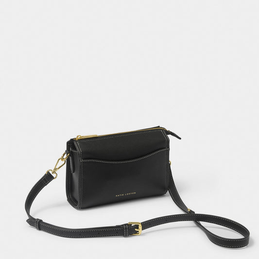 A PU black leather cross body bag with slip in front pocket and gold zip