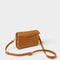 A PU brown leather cross body bag with slip in front pocket and gold zip